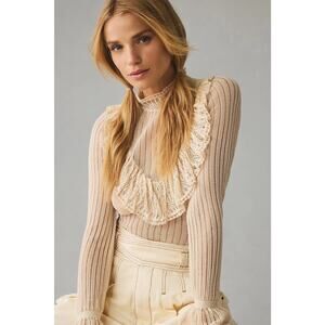 Anthropologie Lace-Trim Ribbed Sheer Long-Sleeve Top in Cream